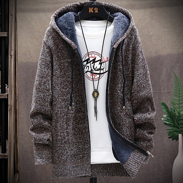 Men's Sweater Cardigan Sweater Hoodie Zip Sweater Sweater Jacket Knit Knitted Solid Color Hooded Stylish Outdoor Home Clothing Apparel Fall Winter Wine Blue S M L 14
