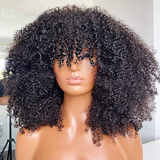 Beauty & Hair Wigs & Hair Pieces | Afro Kinky Curly Wig With Bangs Full Machine Made Scalp Top Wig 150% Density Virgin Brazilian