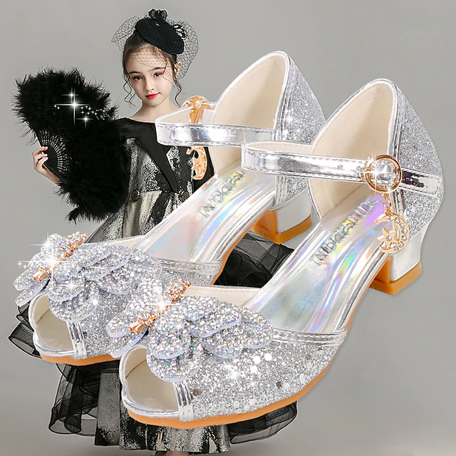 Girls' Silver Glitter Princess Shoes – Sparkly Bowknot Mary Jane Sandals with Low Heels, Elegant Party & Wedding Dress Shoes 14