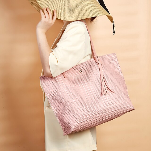  Damen Taschen PU-Leder Tragetasche Tasche mit oberem Griff Glatt Volltonfarbe Täglich Verabredung Stoffbeutel Handtaschen Rosa