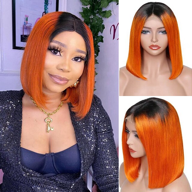 

Remy Human Hair T-part Lace Wig 13X4X1 Closure Wig Bob Style Brazilian Hair Burmese Hair Straight Orange Wig 150% Density Lace Women Comfortable 100% Virgin With Bleached Knots Women's Short Medium