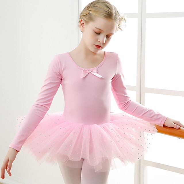  اطفال ملابس الرقص رقص الباليه فستان عقدة لون واحد ربط للفتيات التدريب أداء كم طويل ارتفاع عال خليط قطن تول