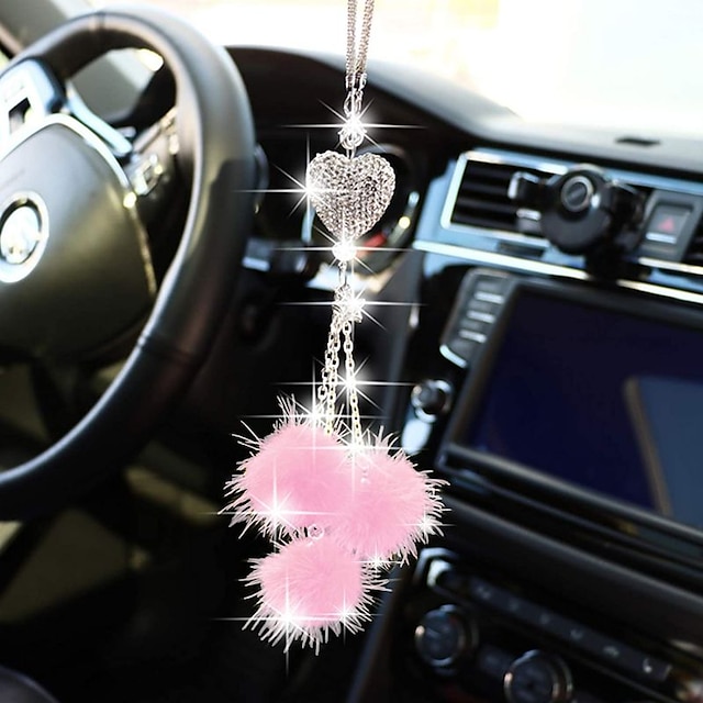  bling acessórios de espelho de carro para mulheres homens bling coração de amor e bola de pelúcia rosa bling rinestones diamante acessórios de carro espelho retrovisor do carro de cristal encantos