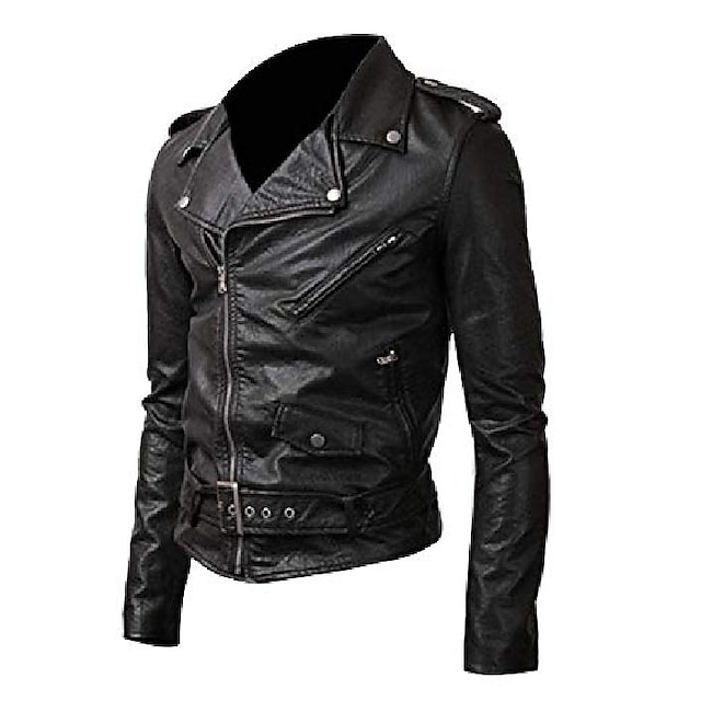  Men's PU Leather Jacket Faux Leather Coat Motorcycle Biker Belted Rider Fashion Style  Winter Casual Daily Outdoor Work Black Warm Outwear Tops Zip Pocket