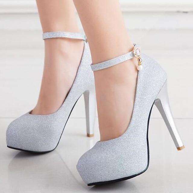  Women's Heels Pumps Glitter Crystal Sequined Jeweled Plus Size Ankle Strap Heels Wedding Daily Party & Evening Solid Colored Platform High Heel Closed Toe Basic Synthetics Ankle Strap Silver Black