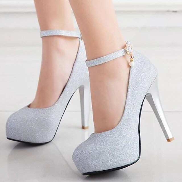 Women's Silver Glitter Platform Stiletto Heels with Ankle Strap and Pearl Charm – Elegant Bridal or Evening Party Shoes 12