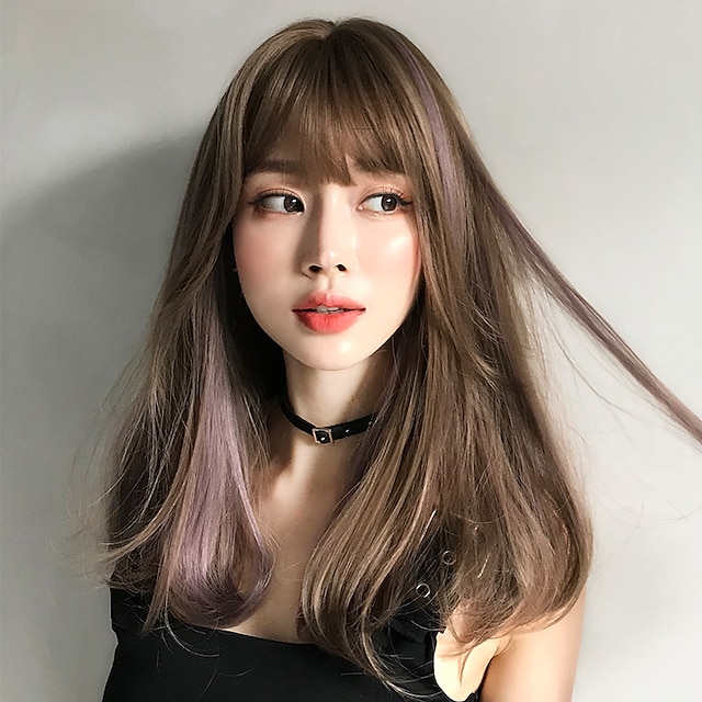 Beauty & Hair Wigs & Hair Pieces | Long Straight Brown Light Pink Highlights Hair Synthetic Wig With Bang For Women Latest Sprin