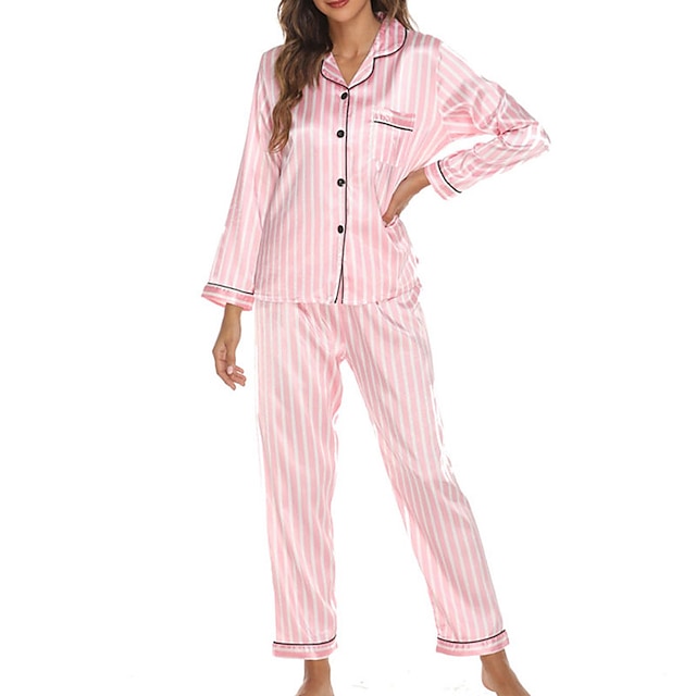  Mujer Pijamas Conjuntos 2 Piezas Leopardo Raya Moda Sencillo Confort Hogar Diario Vacaciones Satén Transpirable Regalo Diseño Manga Larga Pantalón Botón Cintura elástica Otoño Primavera Rosa Claro