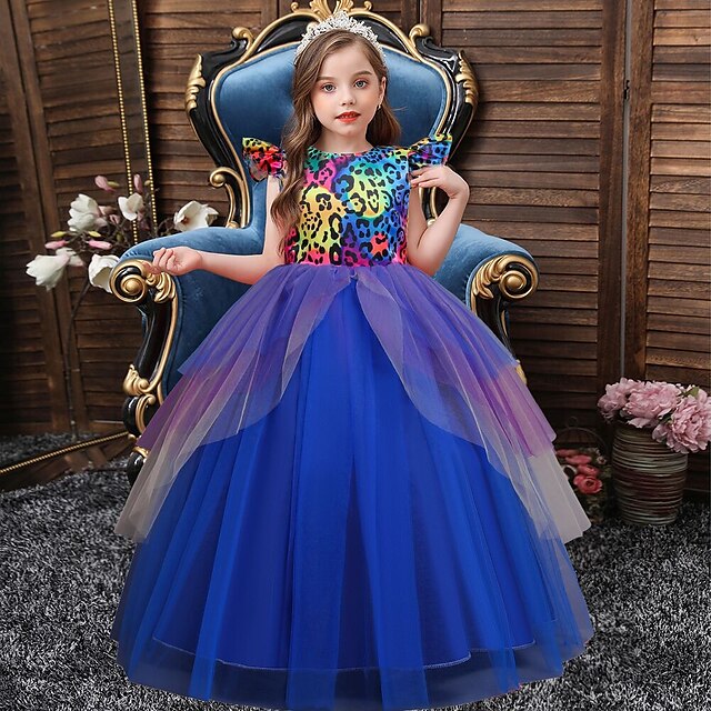 

Kids Little Girls' Dress Patchwork Tulle Dress Party Daily Bow Blue Purple Maxi Short Sleeve Elegant Cute Dresses Spring Summer Slim 3-12 Years