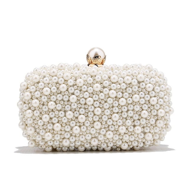  Women's Clutch Bags Polyester for Evening Bridal Wedding Party with Pearls Chain in Pearl White Beige