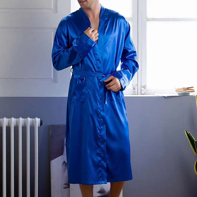 Men's Pajamas Robe Silk Robe Sleepwear 1 PCS Pure Color Fashion Soft ...