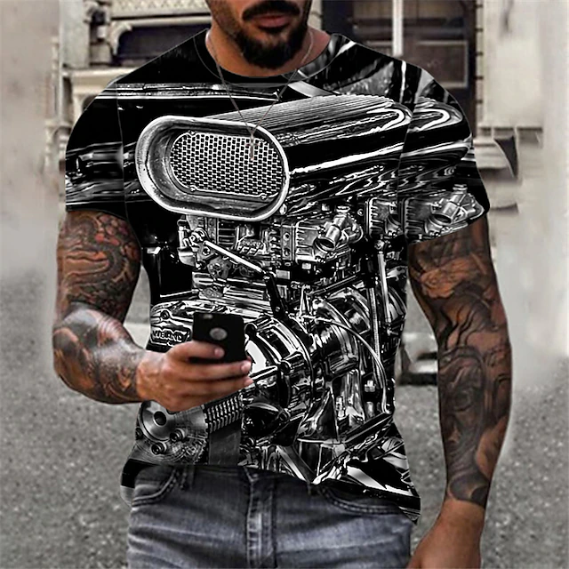 Men's Machine T Shirt Short Sleeve T shirt 3D Print Round Neck Shirt Sports Fashion Designer Outdoor Vacation Street Silver Black-White Black / Gray Summer Clothing Apparel S M L XL XXL XXXL 4XL 11