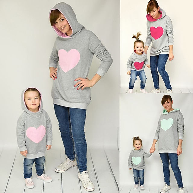  Mommy and Me Tops Hoodie Cotton Heart Street Green Pink Fuchsia Long Sleeve Active Matching Outfits / Fall / Winter / Casual