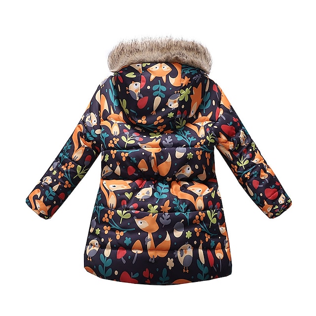 Baby & Kids Girls Clothing | Kids Girls Down Coat Long Sleeve Black Purple Pink Butterfly Fox Fur Collar Fall Winter Active Stre