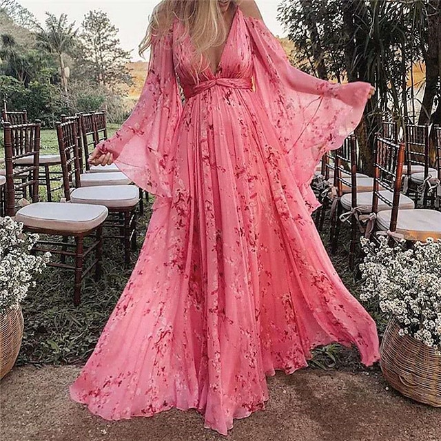  Dames A lijn jurk Maxi-jurk Blozend Roze Lange mouw Bloemig Afdrukken Herfst Zomer V-hals Casual Sexy Feest Vleermuismouw 2022 S M L XL XXL 3XL 4XL / Feestjurk