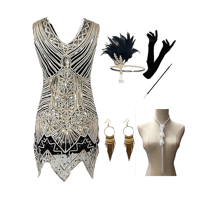  The Great Gatsby Roaring 20s 1920s Cocktail Dress Vintage Dress Flapper Dress Outfits Masquerade Prom Dress Women's Costume Golden Vintage Cosplay Party Prom / Gloves / Headwear / Necklace / Earrings