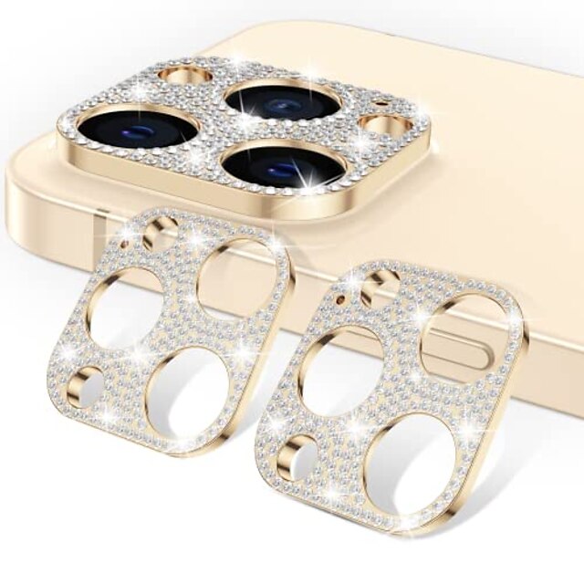  [2 pack]  bling camera lens protector compatible with iphone 13 pro max 6.7inch & 13 pro 6.1inch glitter diamond crystal metal lens protective decoration cover accessories (gold+gold)
