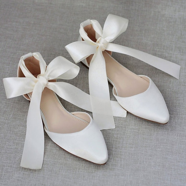  Wedding Shoes for Bride Bridesmaid Women Closed Toe Pointed Toe Ivory Blue Burgundy Pink Satin Flats with Ribbon Tie Bow Bowknot Flat Heel Wedding Party Valentine's Day Elegant Comfort