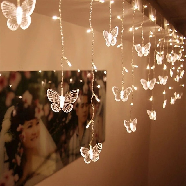  LED Christmas Fairy Light Butterfly Curtain String Lights 3.5M 96LEDs New Year Holiday Wedding Valentine's Day Living Room Bedroom Store Decoration 220V EU Plug Curtain Lights