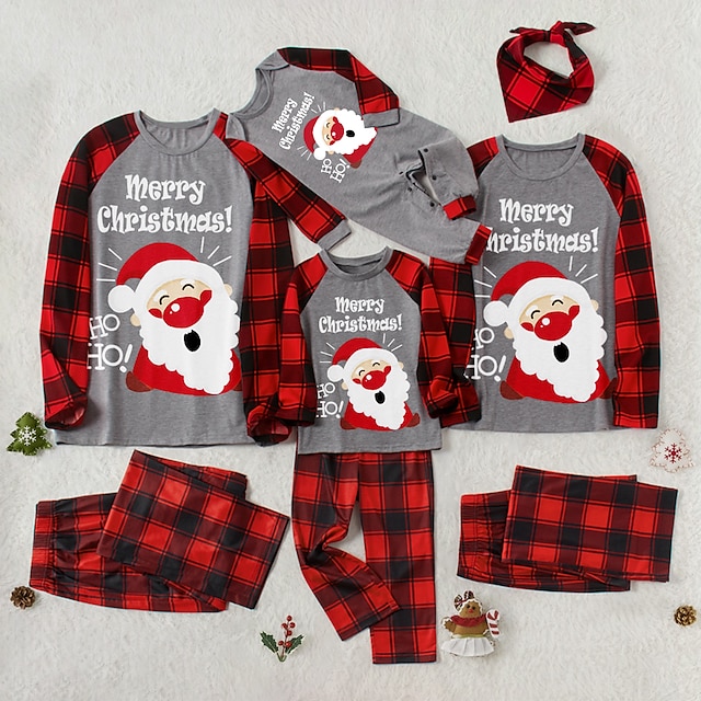  Familie Pyjamas Plaid Buchstabe Weihnachtsmann Bedruckt Dunkelrot Grau Langarm Mama und ich Outfits Kuschelig Passende Outfits