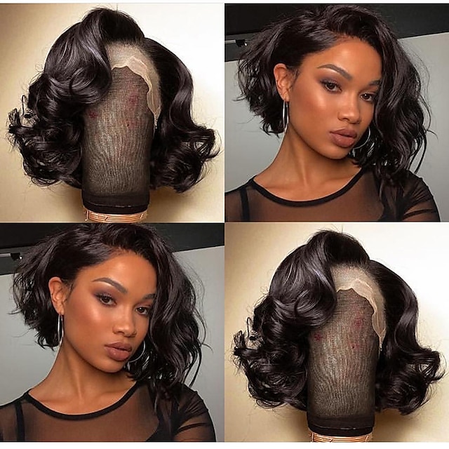 

Unprocessed Virgin Hair 13x4 Lace Front Wig with Baby Hair Middle Part Short Bob Wave Natural Black Wigs with Natural Hairline Coloring With Bleached Knots