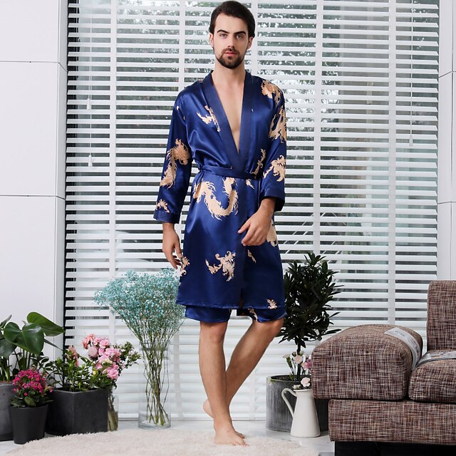 men's satin robe with shorts lightweight soft spa dragon printed 