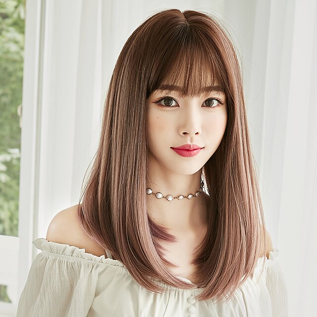 Beauty & Hair Wigs & Hair Pieces | Long Straight Brown Light Pink Highlights Hair Synthetic Wig With Bang For Women Latest Sprin