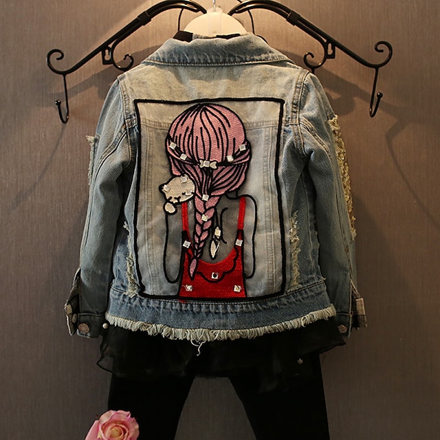 Baby & Kids Girls Clothing | Kids Girls Jacket Blue Cartoon Graphic Loose Fall Spring Fashion 2-12 Years / Denim / Cotton - XD63