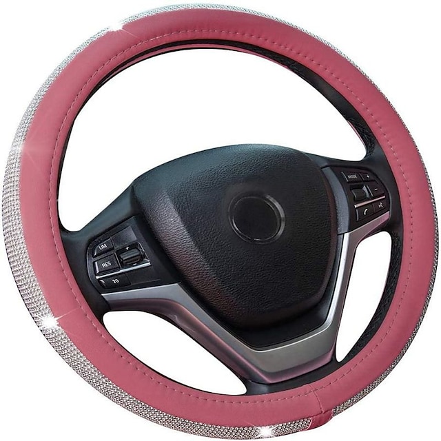  Capa de volante em couro diamante universal com strass de cristal brilhante cabe em protetor de roda de carro de 15 polegadas