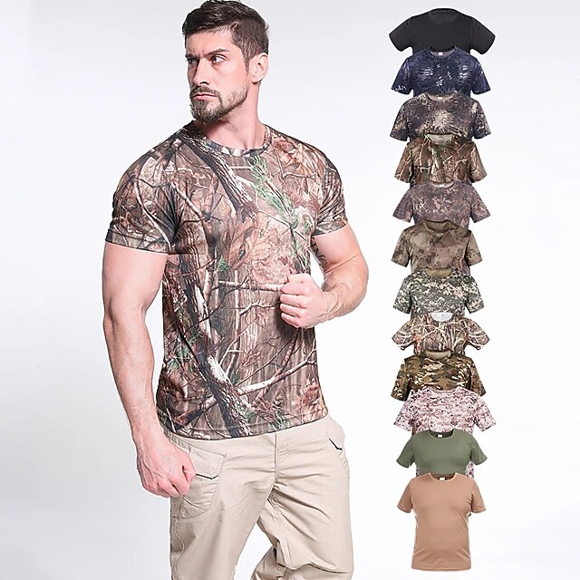  Homme Tee-Shirt de Chasse T-shirt de chasse camouflage camouflage Manches Courtes Extérieur Eté Séchage rapide Evacuation de l'humidité Vestimentaire Respirable Sommet Polyester Camping / Randonnée