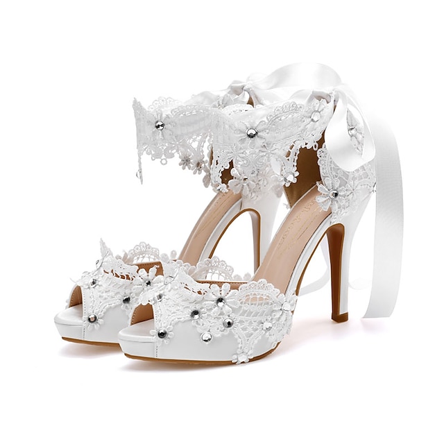  pantofi de nunta pentru mireasa domnisoara de onoare femei peep toe sandale albe din satin cu dantela floare panglica cravata cristal toc stiletto petrecere de nunta seara elegant clasic curea la glezna