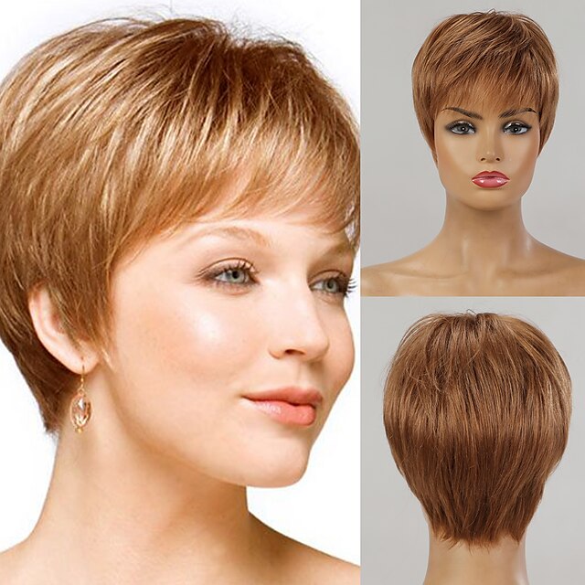 

Human Hair Capless Wigs Human Hair Straight Natural Straight Bob Pixie Cut / Layered Haircut / Asymmetrical Style Women Fashion Natural Hairline Brown Short Capless Wig Women