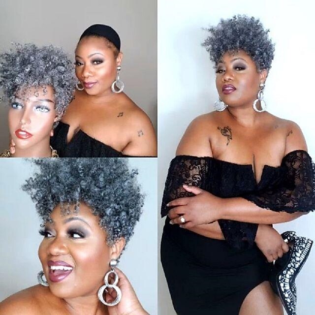  peruca curta cinza afro encaracolada para mulheres negras peruca sintética de cabelo encaracolado grisalho fofo e crespo