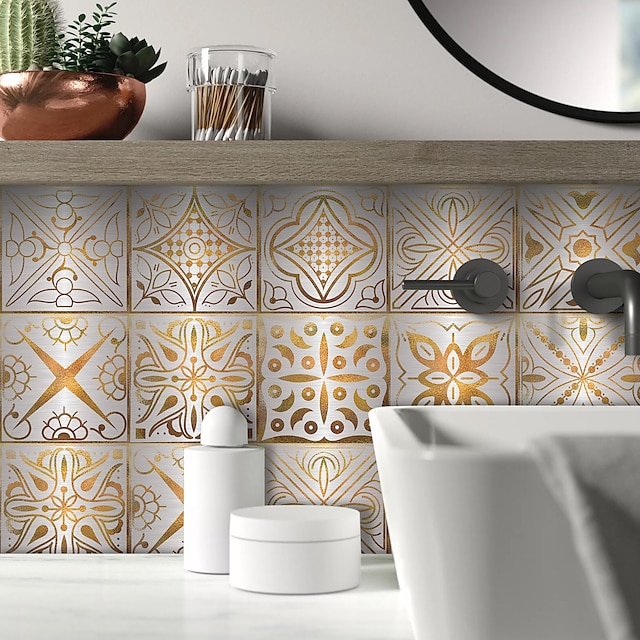  10PCS Brushed Silver Foil Golden Embossed Moroccan Tile Sticker Self-adhesive Kitchen Wall Sticker Metal Texture Tile Wall Sticker