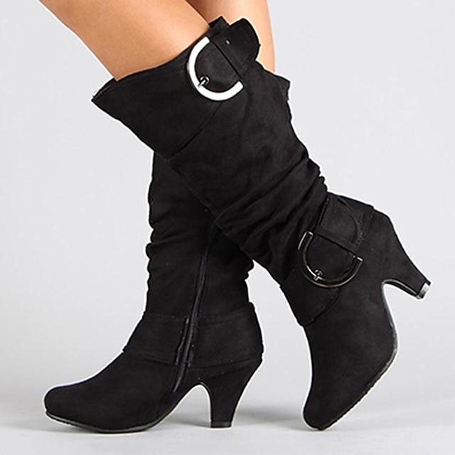  Botas holgadas hasta la rodilla de ante rojo para mujer con detalle de hebilla y tacón medio: calzado elegante para otoño e invierno