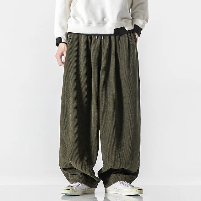 Men's Corduroy Pants Trousers Baggy Pants Pocket Elastic Waist Drawstring Solid Color Comfort Soft Full Length Daily Fashion Casual Loose Fit Navy ArmyGreen 9