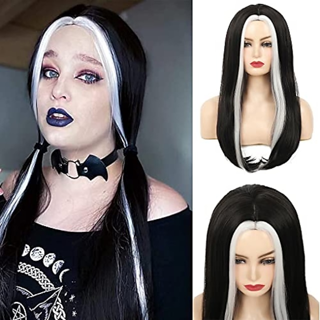 Womens Long Black Wig with White Streak Long Straight Wig Highlight  Synthetic Cosplay Wig for Halloween Costume Party Anime 8876825 2023 –  $19.49
