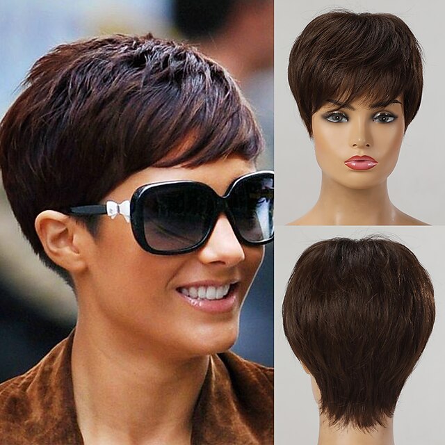 

Human Hair Capless Wigs Human Hair Straight Natural Straight Bob Pixie Cut Layered Haircut Asymmetrical Style Women Fashion Natural Hairline Brown Short Capless Wig Women's All