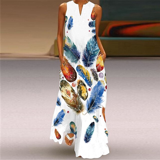 

Women's Shift Dress Maxi long Dress Blue White Yellow Sleeveless Print Color Block Geometric Pocket Print Summer Crew Neck Stylish Elegant Casual 2022 5XL S M L XL XXL 3XL 4XL