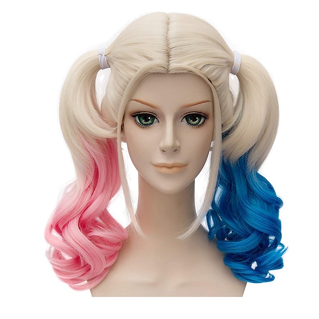  parrucca cosplay sintetica ondulata coda di cavallo bionda rosa blu parrucca cosplay harley quinn probeauty (lunga rosa blu mix biondo)
