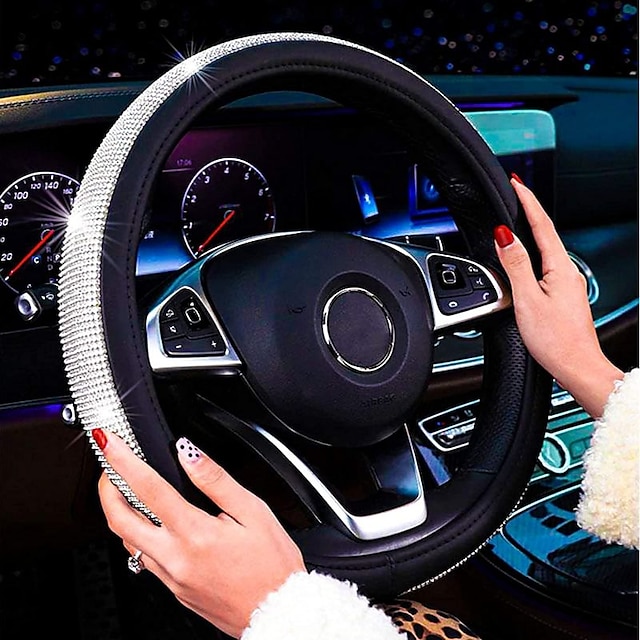  Universal Diamond Leather Steering Wheel Cover with Bling Bling Crystal Rhinestones Fit 15 Inch Car Wheel Protector