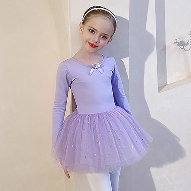  اطفال ملابس الرقص رقص الباليه فستان عقدة دانتيل لون واحد للفتيات التدريب أداء كم طويل ارتفاع عال خليط قطن تول