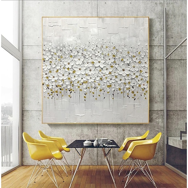  Manual Handmade Oil Painting Hand Painted Square Abstract Floral / Botanical Modern Realism Rolled Canvas (No Frame)