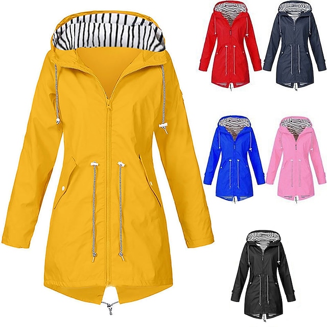 Women Light Rain Jacket Waterproof Active Outdoor Trench Coats Striped Climbing Raincoat with Hood Lightweight Long Sleeve Plus Size Windbreaker Sweatshirts Hoodies 