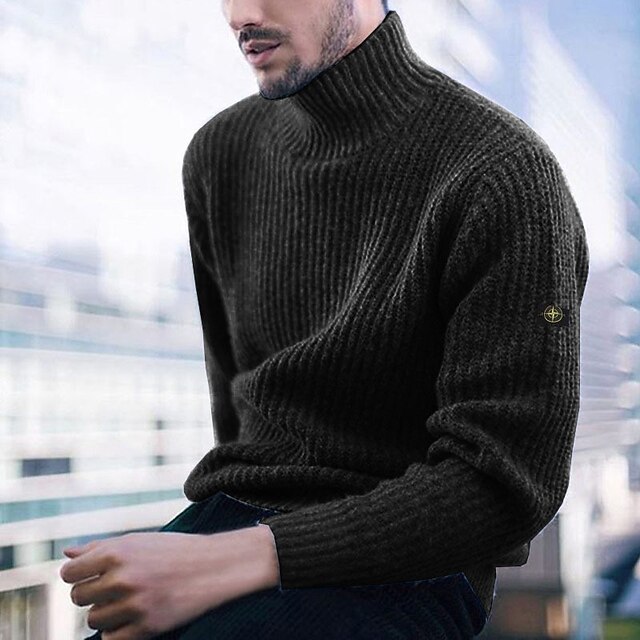 Men's Sweater Turtleneck Sweater Pullover Cable Knit Knitted Solid