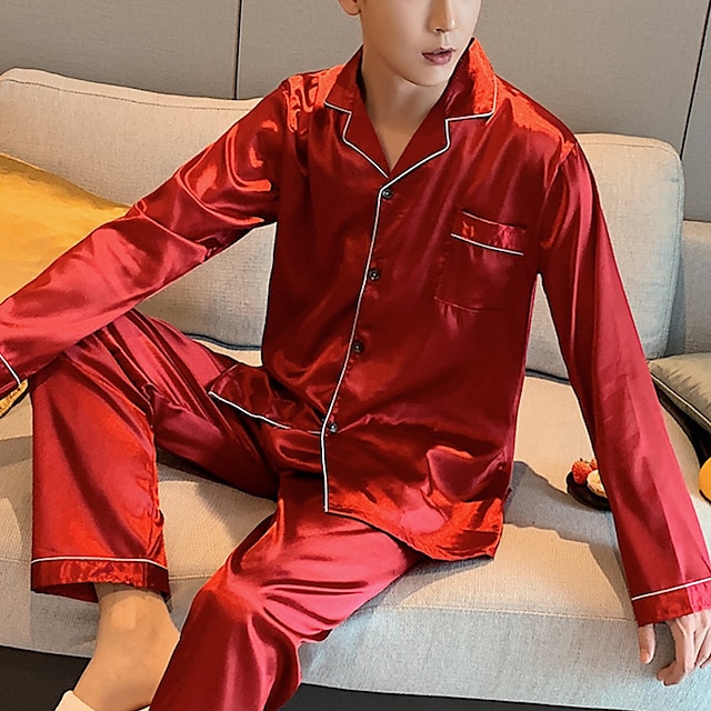  Hombre Pijamas Satén y Seda Bata de noche Pijama Color puro Moda Suave Hogar Cama Seda sintética Diseño Manga Larga Pantalón Otoño Primavera Plata Verde Trébol