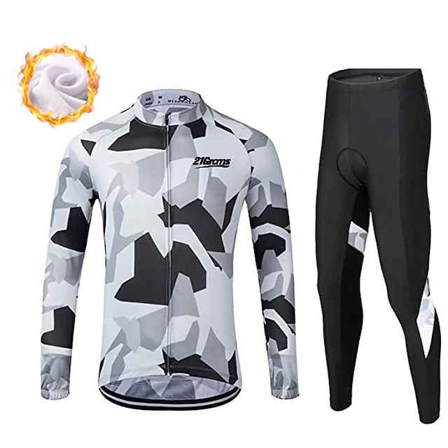  21Grams® Men's Long Sleeve Cycling Jersey with Tights Winter Fleece Polyester Black Dark Gray White Camo / Camouflage Bike Clothing Suit Fleece Lining 3D Pad Warm Breathable Quick Dry Sports Graphic