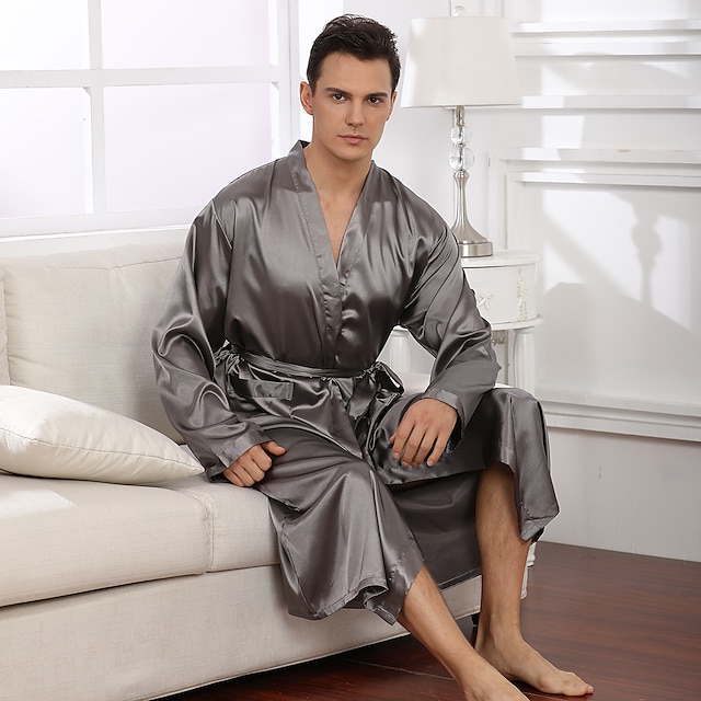  Bărbați Mărime Plus Pijamale Halat Robă de mătase Kimono de mătase Culoare pură Modă Lux Casă Pat spa Mătase artificială Satin Confort Manșon Lung Iarnă Toamnă Negru Vin roșu