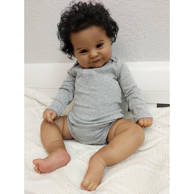  20 inch 50CM Real Baby Size African American Hand Rooted Hair Newborn Smiling Doll Look Realistic, Black Skin Soft Weighted Body Reborn Cuddly Baby Gift Set with Bottle and Pacifier