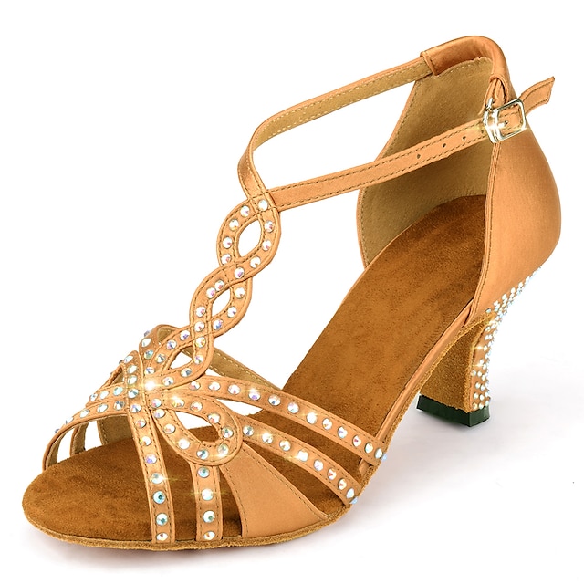  Dames Latin schoenen Feest Opleiding Oefenen Glitter kristal pailletten juwelen Hakken Sprankelend glitter Cuba-hak T-riempjes Amandel / Satijn